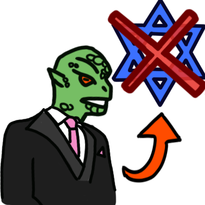  an arrow pointing from a humanoid lizard person in a business suit to a crossed out Magen David.